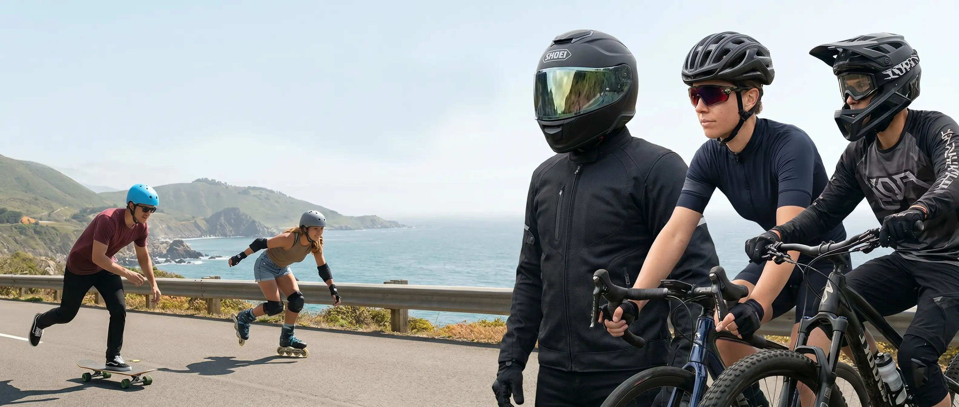 Personas usando cascos de moto, bicicleta y patineta en una carretera con vista al mar